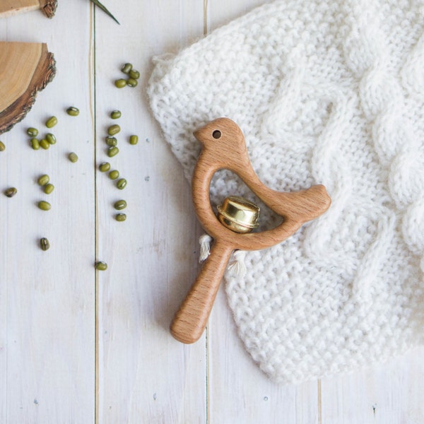 Rattle with Bell. Wooden Teether. Bird Rattle. Wooden Toy. Eco Friendly Infant Toy. Newborn gift. Animal Rattle. Wooden Rattle Personalized