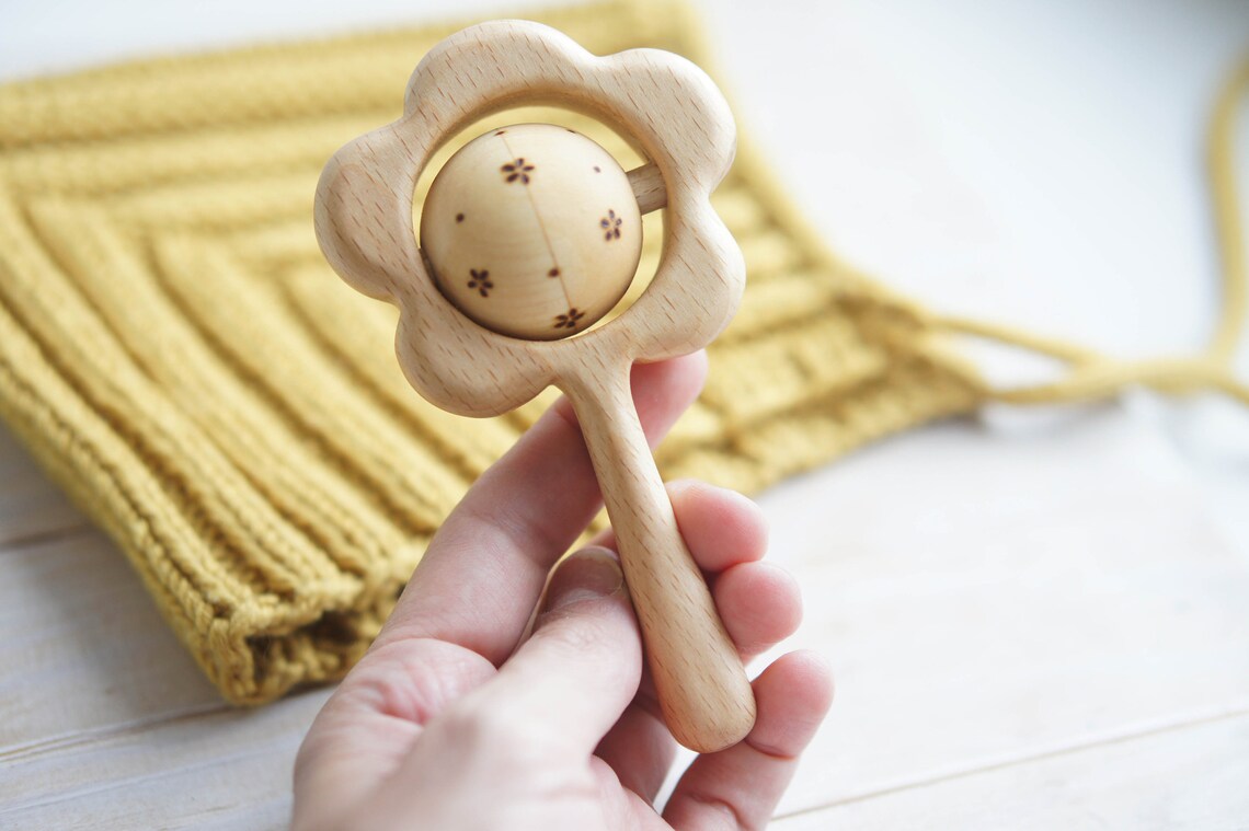 Traditional Flower Rattle with Peas. Organic Wooden Rattle. Etsy