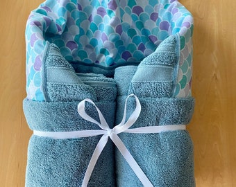 Small or Large Mermaid Scale Hooded Towel for Babies, Toddlers, Kids, Teens and Adults