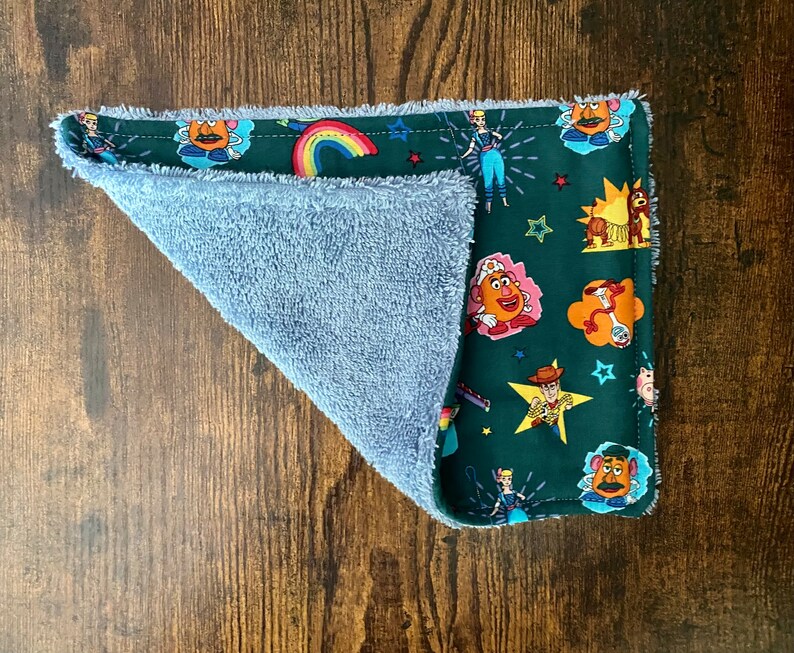 May include: A blue and green dishcloth with a Toy Story theme. The dishcloth features characters like Woody, Buzz Lightyear, and Mr. and Mrs. Potato Head.