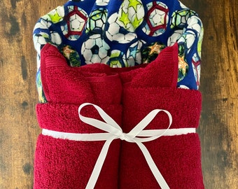 Small or Large Soccer Balls & Stars Hooded Towel for Babies, Toddlers, Kids, Teens and Adults