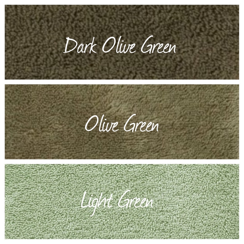 May include: Three fabric swatches in different shades of green. The top swatch is a dark olive green, the middle swatch is a medium olive green, and the bottom swatch is a light green.