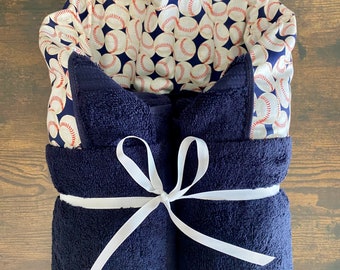 Small or Large Baseball Hooded Towel for Babies, Toddlers, Kids, Teens & Adults