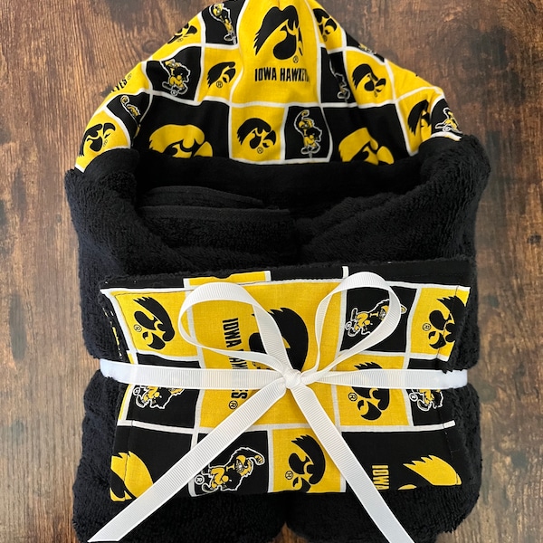 Small or Large University of Iowa Hawkeyes Hooded Towel for Babies, Toddlers, Kids, Teens and Adults