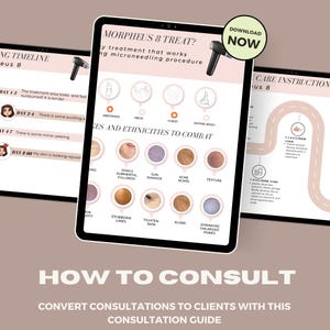 Peut inclure: Une tablette numérique affichant un graphique sur le traitement Morpheus 8, une procédure de microneedling. Le graphique montre une chronologie du processus de traitement, les zones du corps qui peuvent être traitées et les problèmes de peau qui peuvent être traités. Le texte sur la tablette indique "Morpheus 8 Treat?" et "Télécharger maintenant".