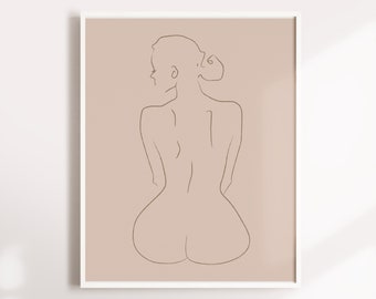 Nude,Back, Female Figure PRINTABLE, Minimalist Woman Body, minimal artwork, line drawing of woman, Female Nudity, Female Silhouette