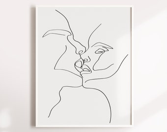 Kissing Poster Love Art Line Drawing Couple Print Digital Download Sketch Continuous Line Art Valentine Day Minimalist Artwork Girl Wall Art