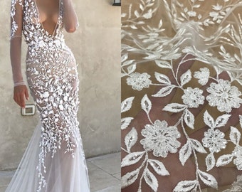 Nuovo tessuto di pizzo di moda foglie tessuto abito Berta con paillettes 130 cm larghezza ricamo pizzo farbic per abito da sposa