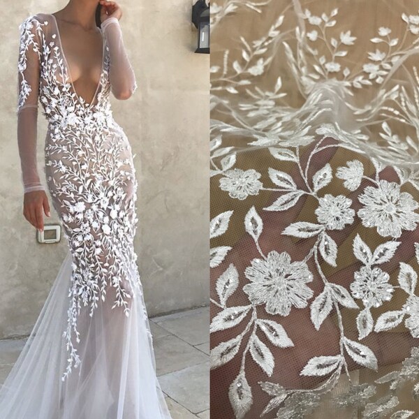 Nouvelle mode dentelle tissu feuilles Berta robe tissu avec paillettes 130cm largeur broderie dentelle farbic pour robe de mariée