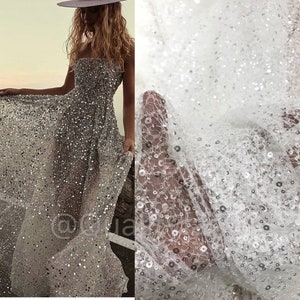 New Fashion dress luxury beaded lace with sequins fabric 130cm width bridal lace fabric sell by yard