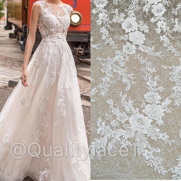 Elegent ivory wedding dress floral lace fabric 130cm width dress lace sell by yard