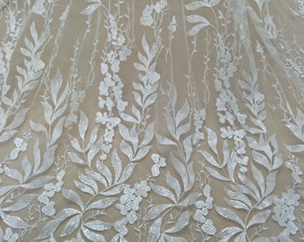 New arrivals leafs wedding dress lace fabric 130cm bridal lace fabric ivory fashion dress lace fabric sell by yard