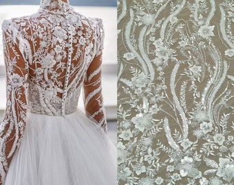 Fashion heavy beading lace fabric bridal dress lace fabric 130cm width lace fabric sell by yard for wedding dress