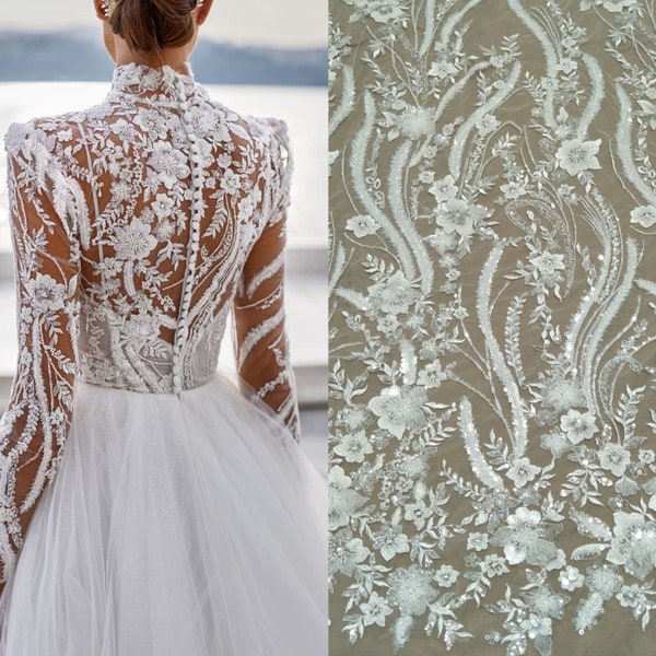 Tissu en dentelle à perles lourdes pour robe de mariée, 130cm de largeur, vente au mètre pour robe de mariée