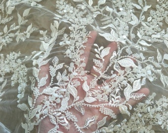 Fashion bridal beading leafs fabric 130cm width dress lace sell by yard