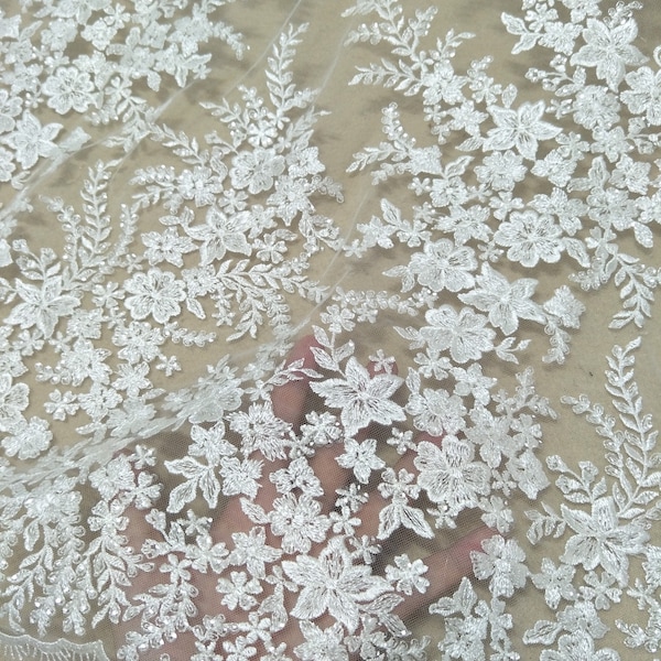 Hot selling bridal flower lace fabric 130cm width french lace wedding dress lace fabric worldwide shipping sell by yard