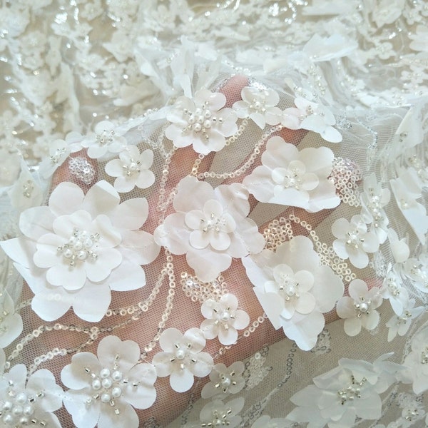 Fashion ivory Perlenkleid Spitze 3D Hochzeitsstoff 130cm Breite Spitze bulk stock verkaufen