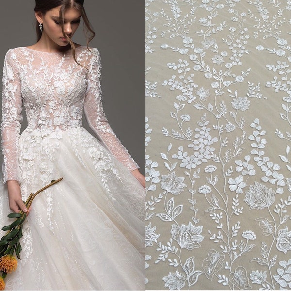 Fashion Berta bridal dress lace fabric elegent embroidery lace fabric tulle embroidery lace with sequins 130cm width ivory lace