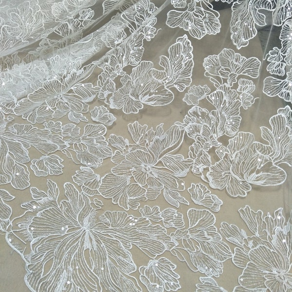 Highly quality ivory bridal lace fabric flower lace 130cm with sell by yard