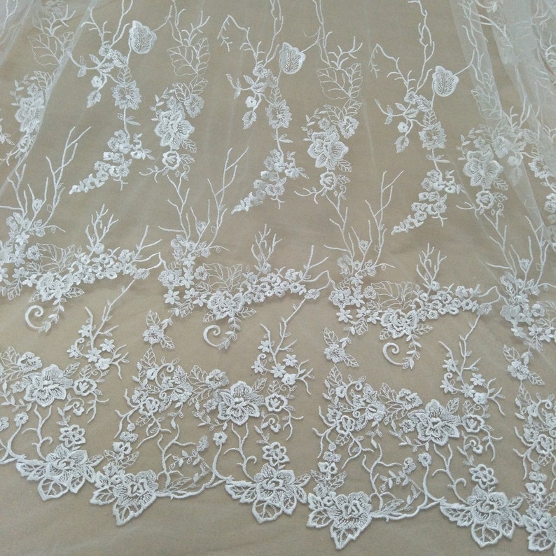 1 yard Ivory Alencon Lace Fabric Tulle Tree Snow Flower Embroidery Veil 51/"