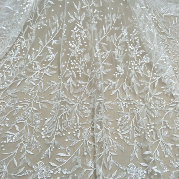 Hot selling fashion bridal wedding lace fabric 130cm width dress lace couture lace ivory fabric 130cm width sell by yard