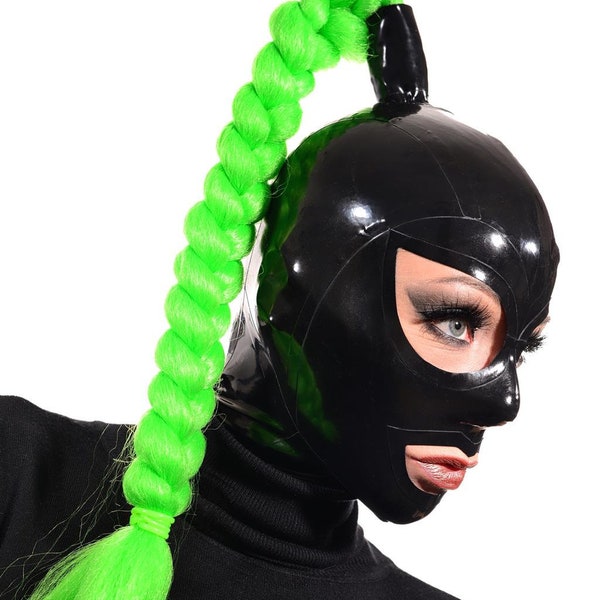 CL Design ladies latex mask "Glow" with zipper and glowing ponytail Fetish Rubber