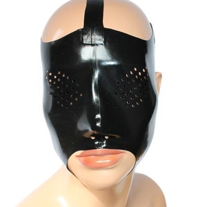 Maschera in lattice "Invincibile" di CL Design, mezza maschera, bocca aperta, gioco di ruolo fetish in gomma