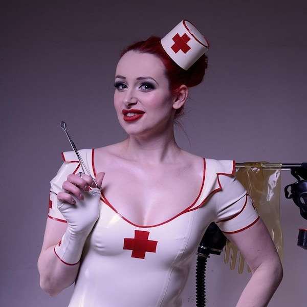 CL Design Latex Pillbox Hat Nurse Roleplay Fetish Rubber Retro