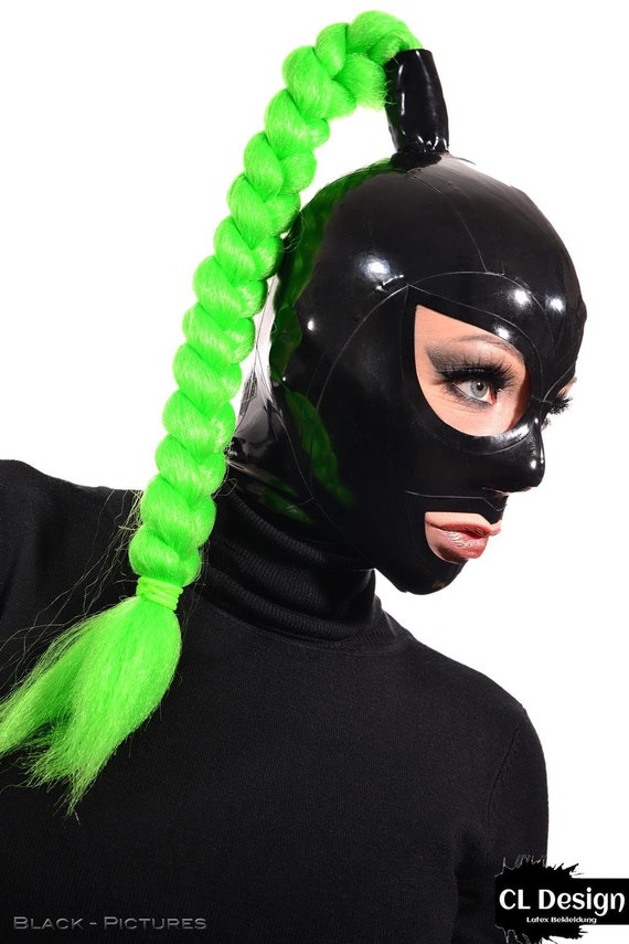 CL Design Ladies Latex Mask glow With Zipper and Glowing Ponytail