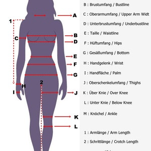 May include: Diagram showing body measurements for women's clothing. The diagram shows the measurements for neck, bust, underbust, waist, hips, wrist, palm, thigh, knee, and ankle. The diagram also shows the measurements for arm length and crotch length.
