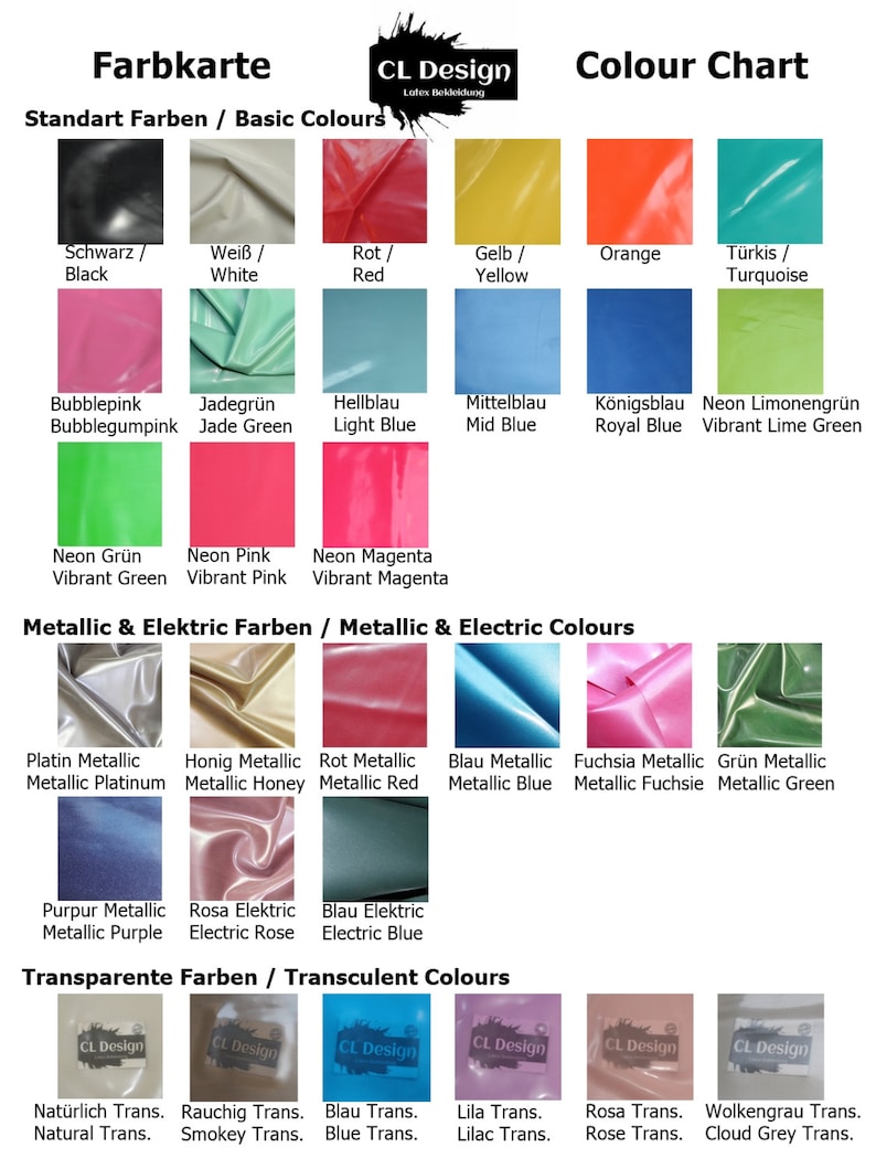 May include: Color chart with swatches of latex colors in different shades of black, white, red, yellow, orange, turquoise, pink, green, blue, and magenta. The chart also includes metallic and translucent colors.