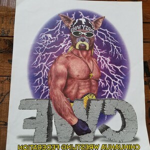 May include: A white t-shirt with a purple, lightning bolt background. A cartoon dog wearing a black bandana with the text "Doggy Wood" and sunglasses is in the center of the shirt. The dog is wearing a gold belt with the text "WWF" on it. The text "WWF WRESTLING FEDERATION" is at the bottom of the shirt.