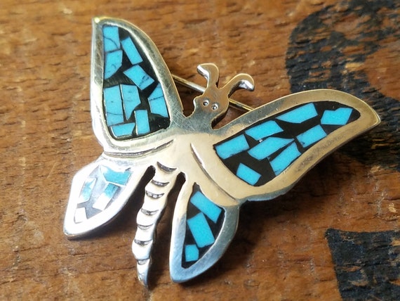 Vintage Turquoise Butterfly Brooch - image 1