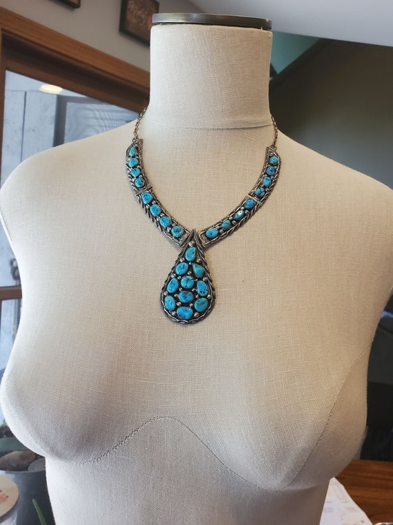 Vintage Large Bold Turquoise Necklace ~ Signed - image 2