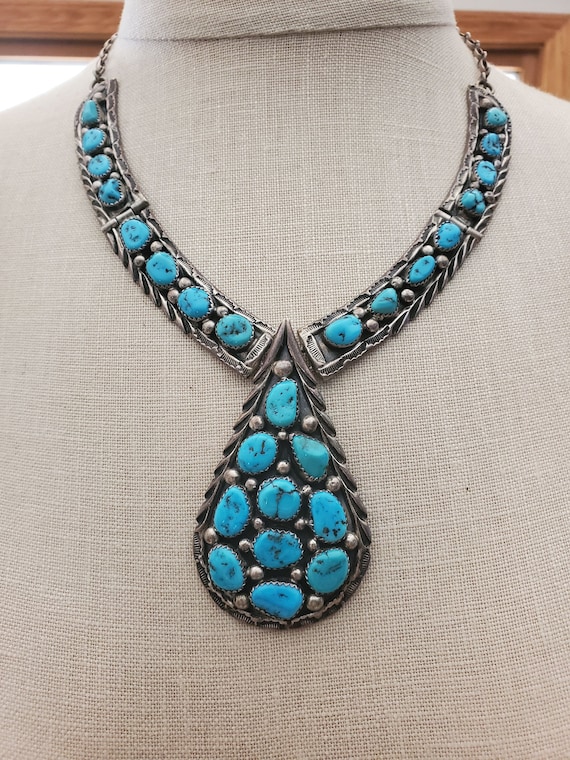 Vintage Large Bold Turquoise Necklace ~ Signed - image 1