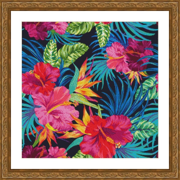 Tropical Flowers - Counted Cross Stitch Pattern, Cross-stitch, crossstitch, xstitch,x-stitch, chart, Instant Download PDF