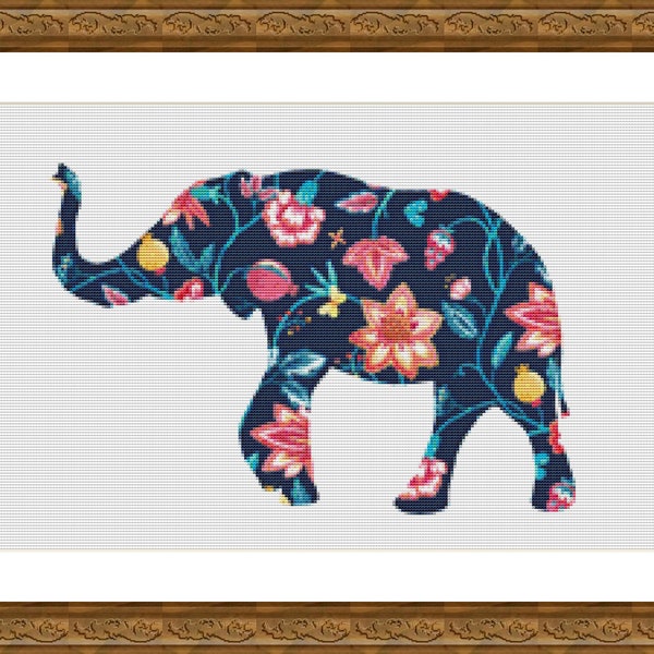 Blue Floral Lucky Elephant - Counted Cross Stitch Pattern, Cross-stitch, crossstitch, xstitch,x-stitch, chart, Instant Download PDF