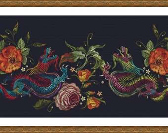 Chinese Dragons with Roses - Counted Cross Stitch Pattern, Cross-stitch, crossstitch, xstitch,x-stitch, chart, Instant Download PDF