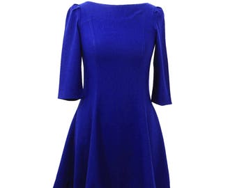 Royal Blue Winter Dress, Spanish Blue, Deep Blue, Flared Dress, Vintage Blue Dress, Winter Dress, Mixed Wool Dress UK Size 10