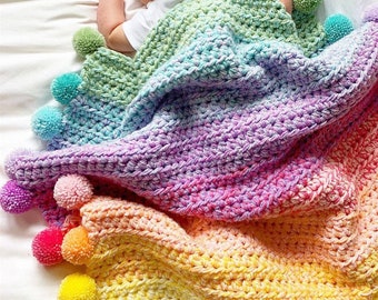 PDF DIGITAL DOWNLOAD-Little Gems Craft Shop- 'Rainbow Pom Blanket' Crochet Pattern