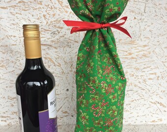 Holly Fabric Wine Bottle Gift Bag,Fabric Wine Bag,Fabric Bottle Bag,Fabric Gift Bag,Wine Bottle Bag,Wine Bag,Christmas Gift Bag