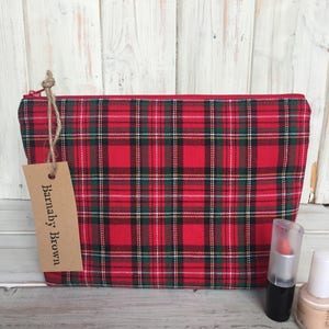 Tartan Make Up Tasche,Kosmetiktasche,Kulturtasche,Reißverschlusstäschchen,PencilCase, Kulturbeutel, roter Schottenkaro Stoff, Handgemacht.