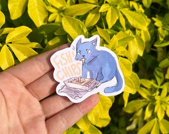 Fish and Chips Cat Die Cut Sticker: Notebook Decal, Silly quote sticker, fish vinyl sticker, Journal planner stickers, cute cat meme sticker