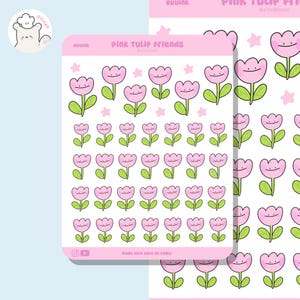 Kawaii Pink Tulip Sticker Blatt - Niedliche Blumen Sticker für Journals, Planer & Scrapbook