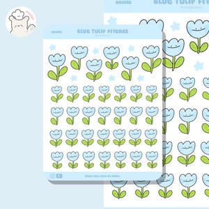 Kawaii Blaue Tulpe Sticker Bogen - Niedliche Blumen Vinyl Aufkleber für Journals, Planer & Scrapbooks