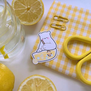 Bear Making Lemonade Sticker – Kawaii Lemon Mixing Bowl Sticker, Cute Bear Chef, Pastel Kitchen Sticker for Journals & Planners