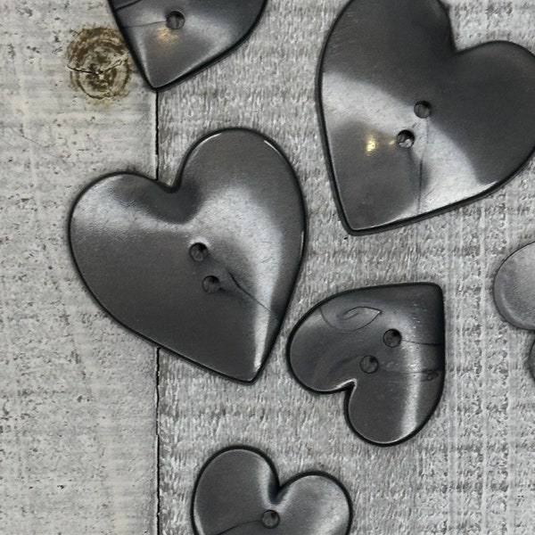 6 Dark Gray Heart Buttons (2 large & 4 small)