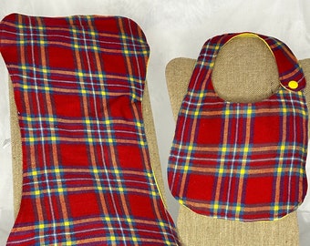 Red Plaid w/ Yellow Bib & Burp Cloth Set