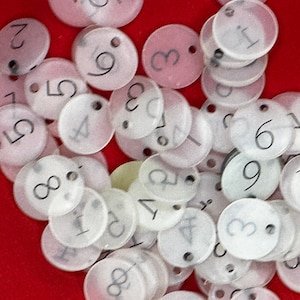 1 set of 1 - 9 Number Tag Embellishments in Frosted Clear w/ Black Numbers