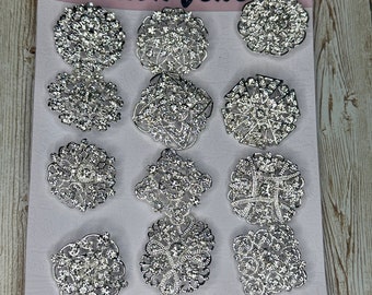 12 Decorative Silver Brooches / Pins with Sparkling Rhinestones, For Wedding bouquet, cake & invitations, coat, scarf, purse, bag,